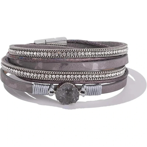 Bohemian Gray Faux Leather Layered Wrap Bracelet - Picture 1 of 6